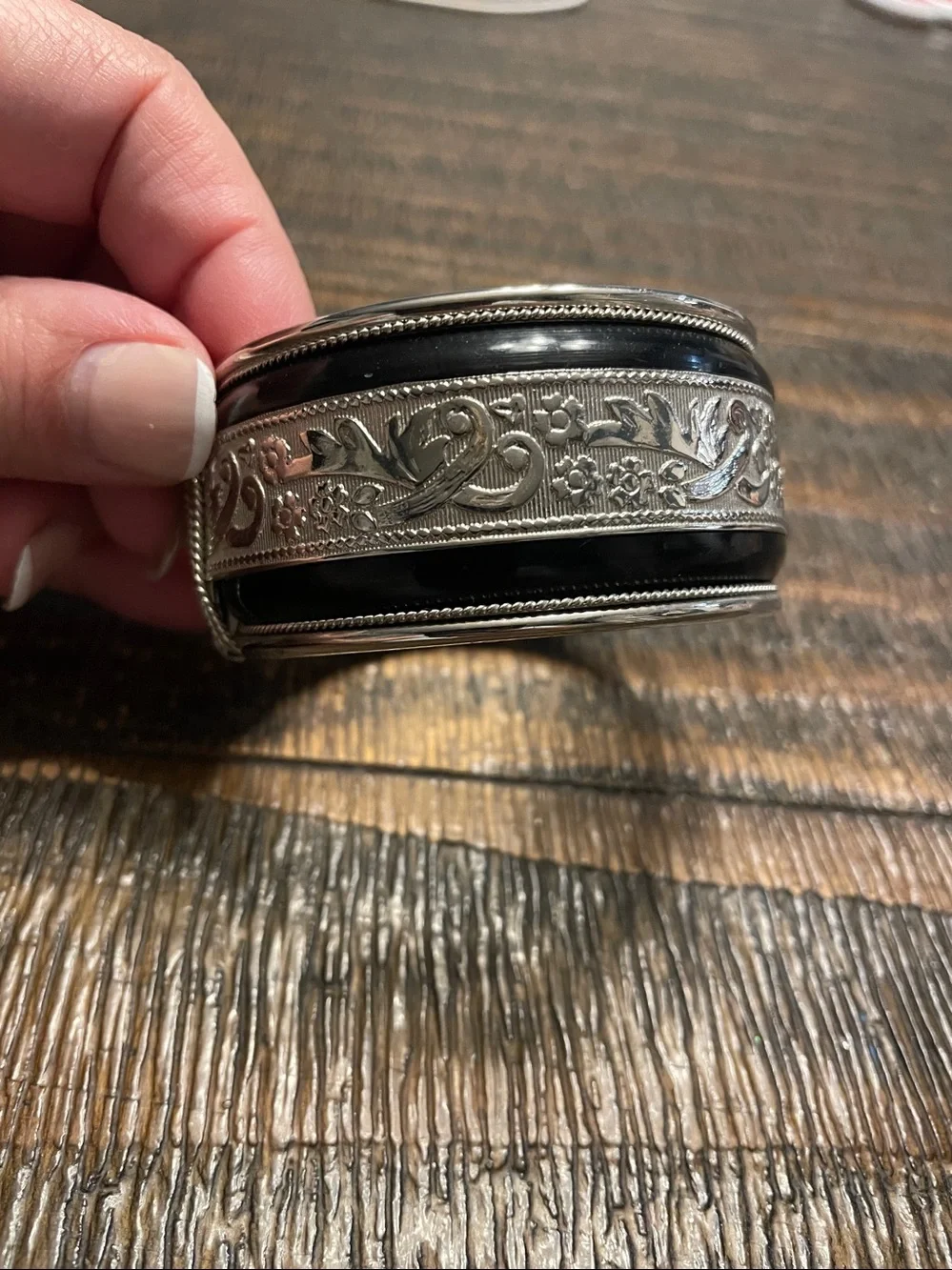Hinged Silver Black Enamel Chunky Bangle Bracelet W Engraved Floral Vintage